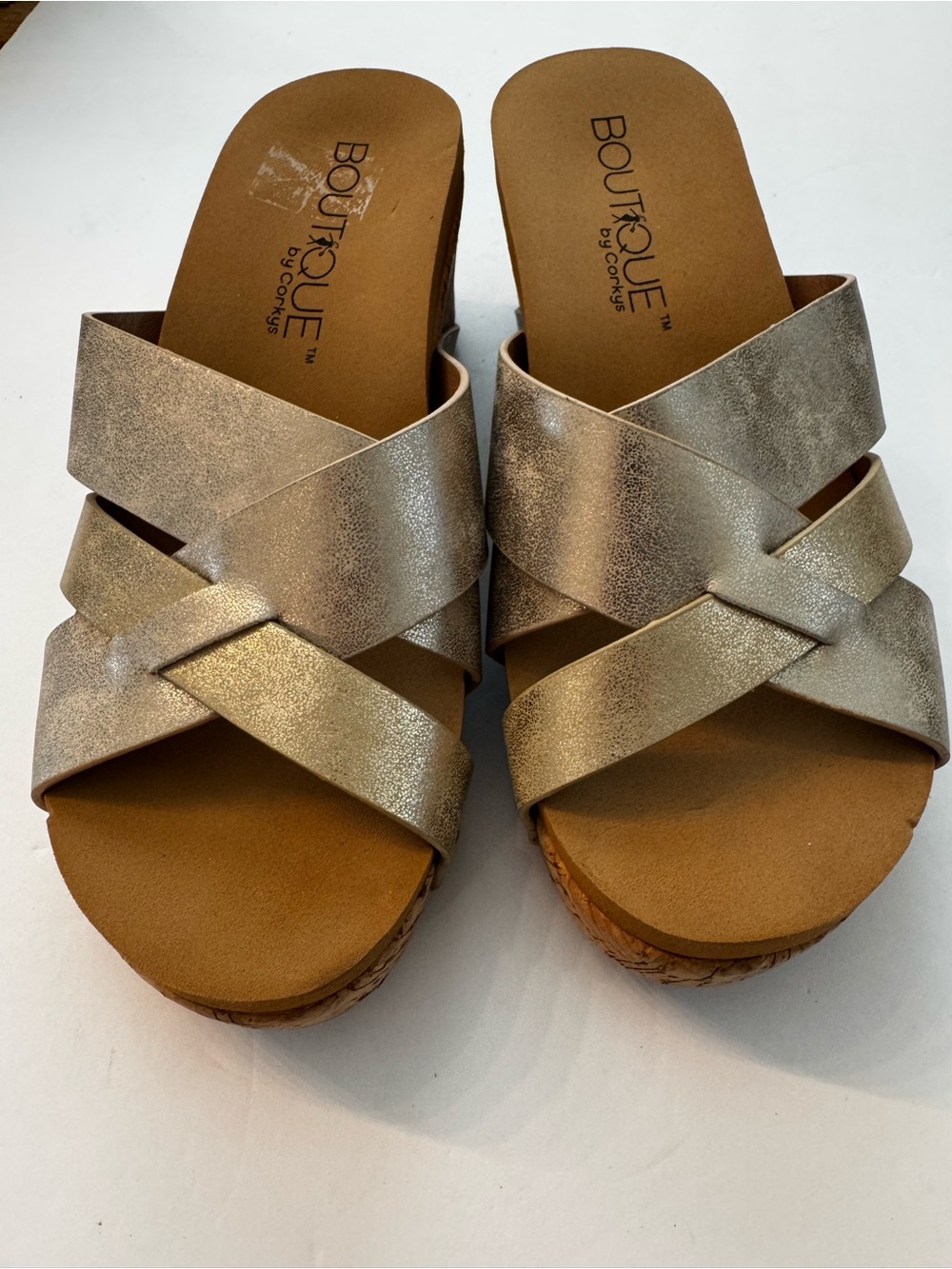 Boutique by Corkys Amuse Metallic Gold Crisscross Wedge Mules size 8